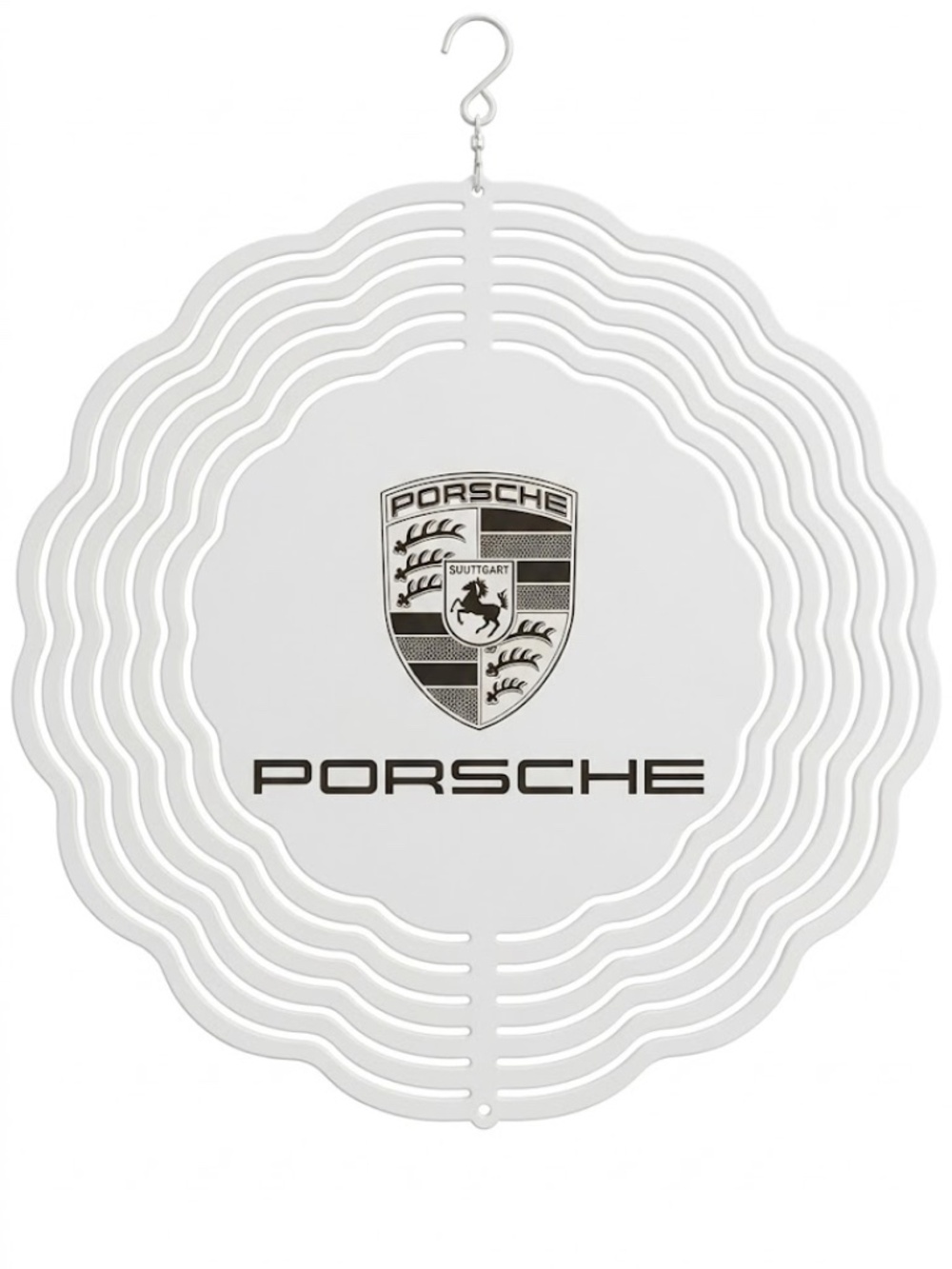10" Porsche Silver Crest Kinetic Wind Spinner - White Metal Hanging Yard Decor